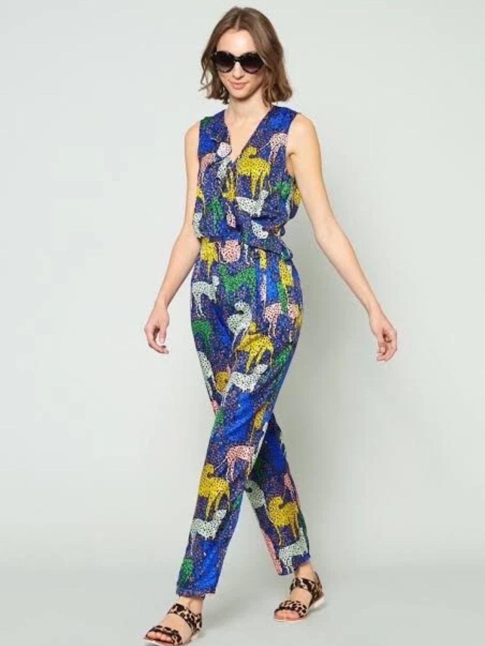 Gorman Cheetah Print Silk Sleeveless Jumpsuit Pantsuit Women’s Blue 6